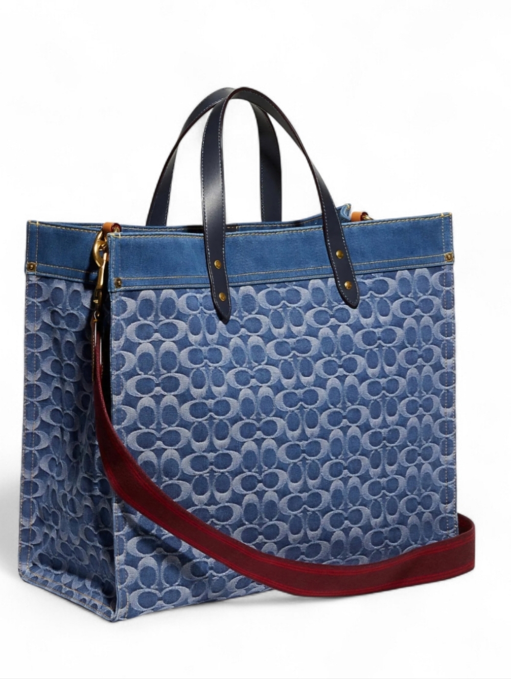 COACH Fild  40 Denim Tote Bag with Red Strap